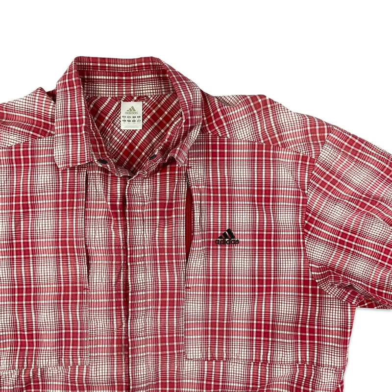 Vintage 2004 Adidas Red White Checked Plaid Tech Short Sleeve Shirt Extra Large