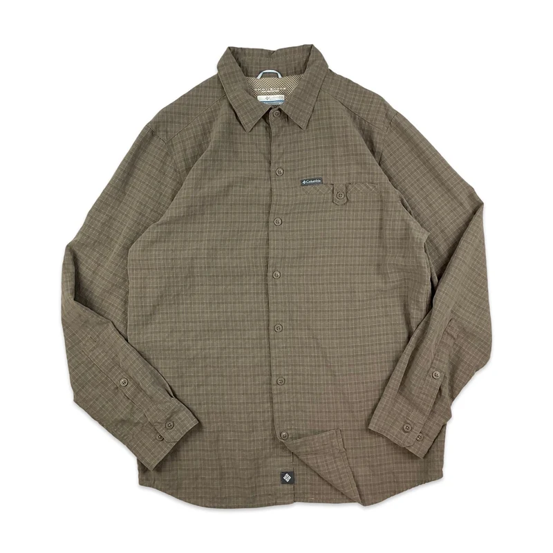 Columbia OmniShade Brown Plaid Checked Button-Up Long Sleeve Casual Shirt Medium