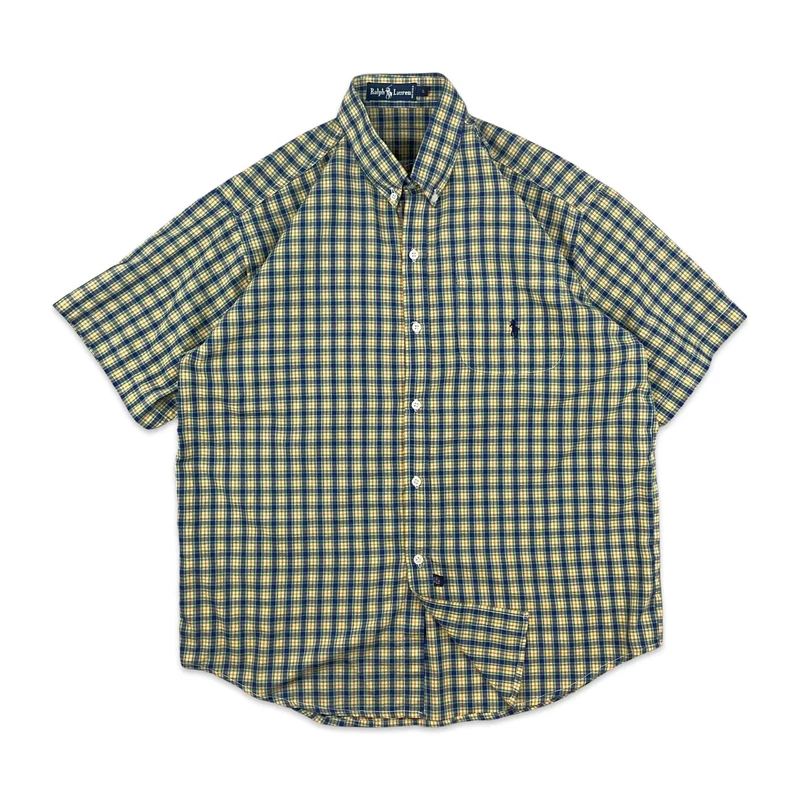 Vintage 00s Ralph Lauren Yellow Blue Plaid Checked Short Sleeve Casual Shirt XL