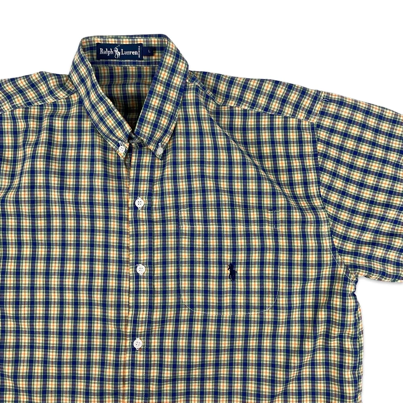 Vintage 00s Ralph Lauren Yellow Blue Plaid Checked Short Sleeve Casual Shirt XL