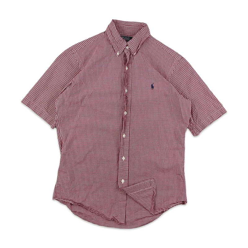 Vintage Ralph Lauren Red White Checked Gingham Button-Up Short Sleeve Shirt Medium