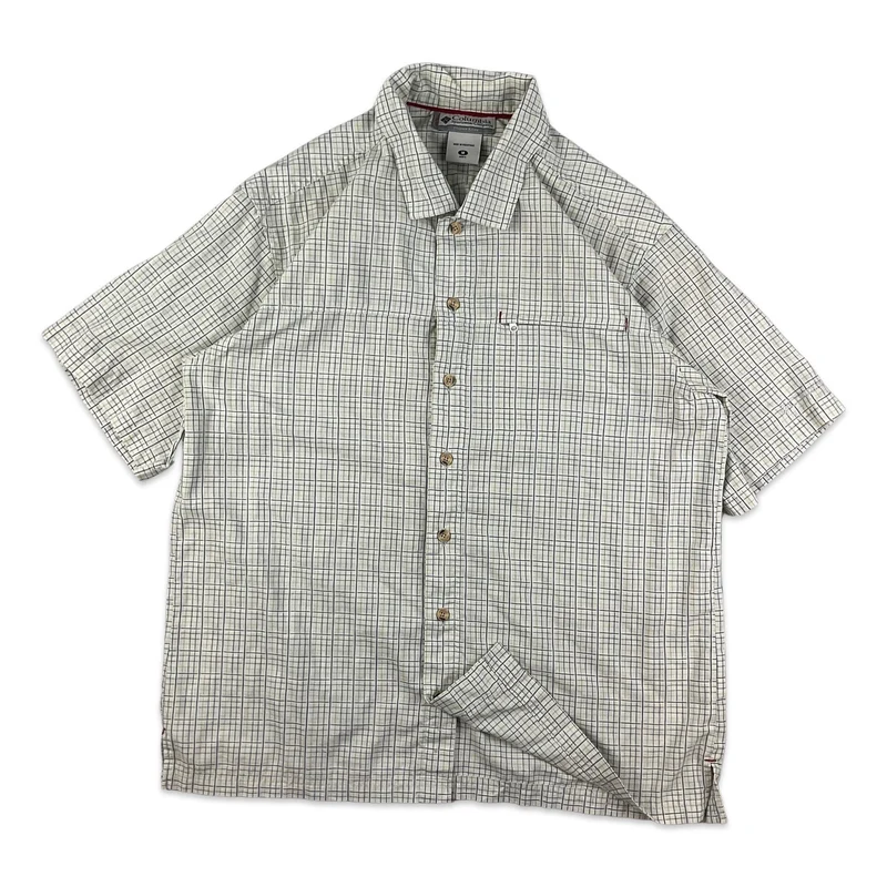 Columbia Vertex White Grey Check Plaid Button-Up Short Sleeve Technical Shirt XL