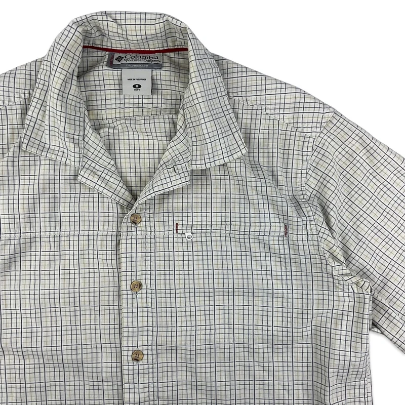Columbia Vertex White Grey Check Plaid Button-Up Short Sleeve Technical Shirt XL