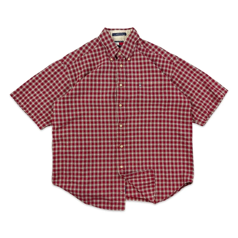 Vintage 1990s Tommy Hilfiger Red White Plaid Short Sleeve Casual Shirt XXL