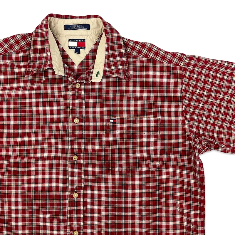 Vintage 1990s Tommy Hilfiger Red White Plaid Short Sleeve Casual Shirt XXL
