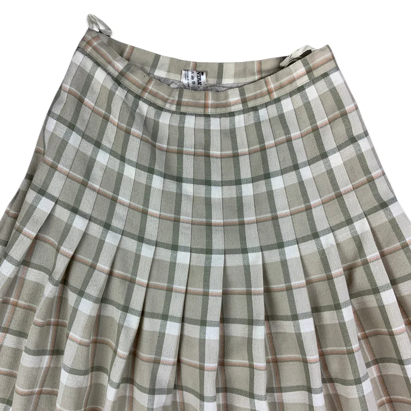 Vintage Khaki Green & Orange Check Pleated Midi Skirt 8 10