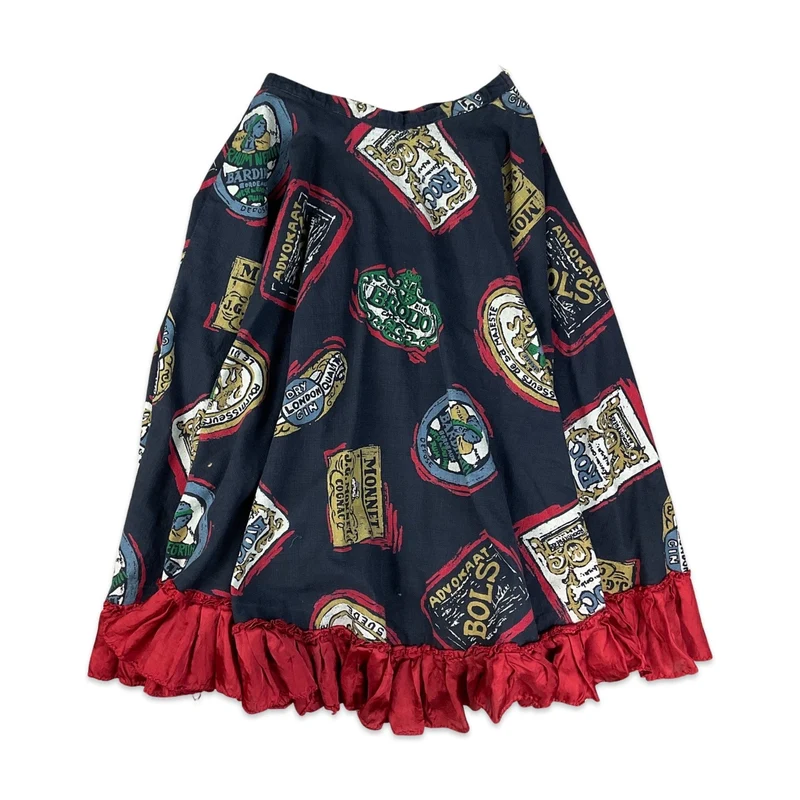Vintage Navy & Red Novelty Print A-line Midi Skirt 8