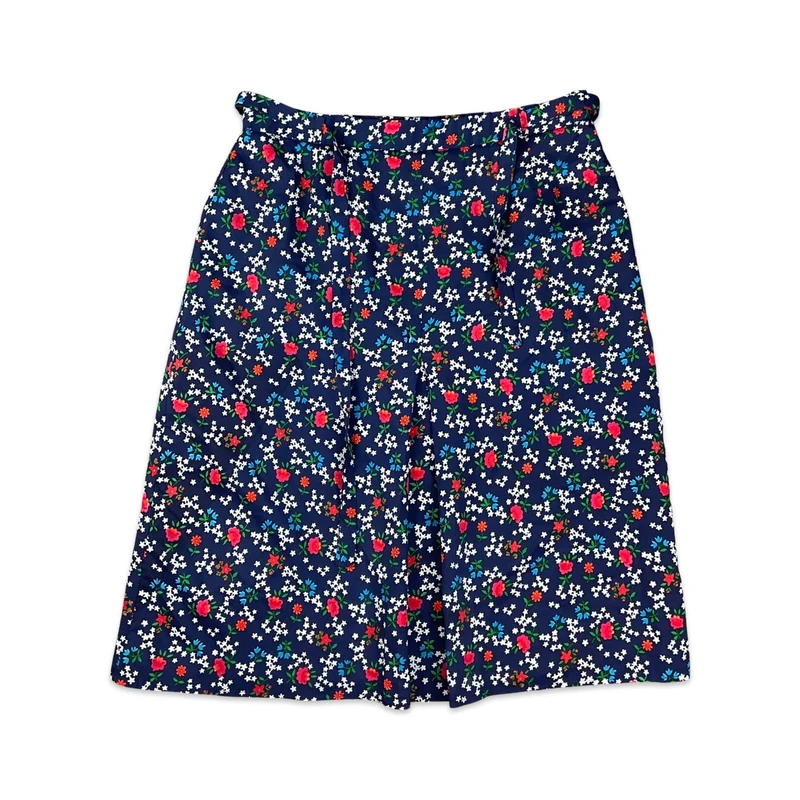 Vintage Navy White Green & Red Floral Print A-line Midi Skirt 4 6