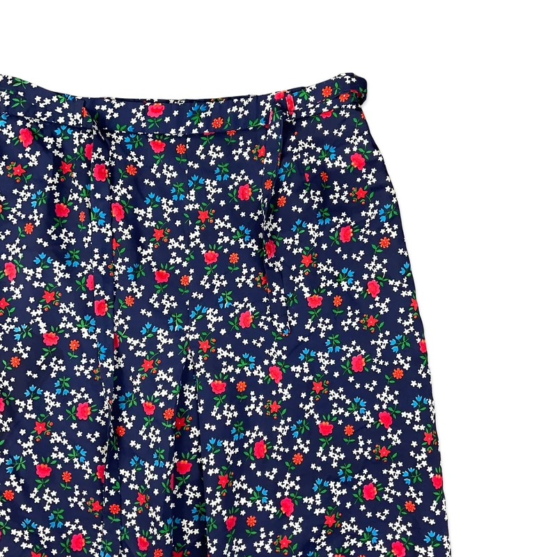 Vintage Navy White Green & Red Floral Print A-line Midi Skirt 4 6