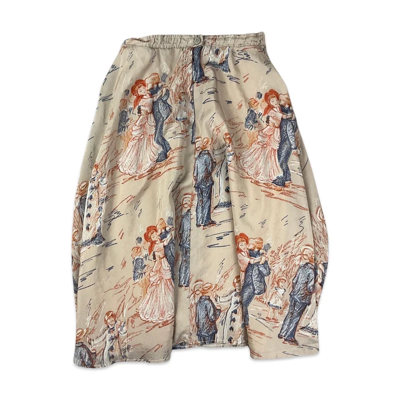 Vintage Cream Brown Novelty Graphic Print A-line Skirt 6 8
