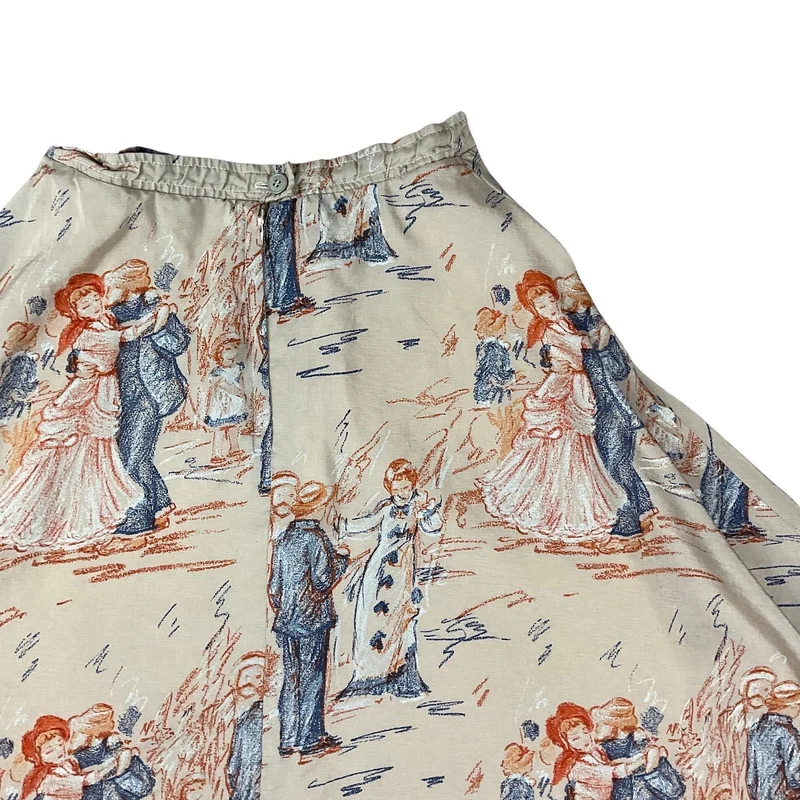 Vintage Cream Brown Novelty Graphic Print A-line Skirt 6 8