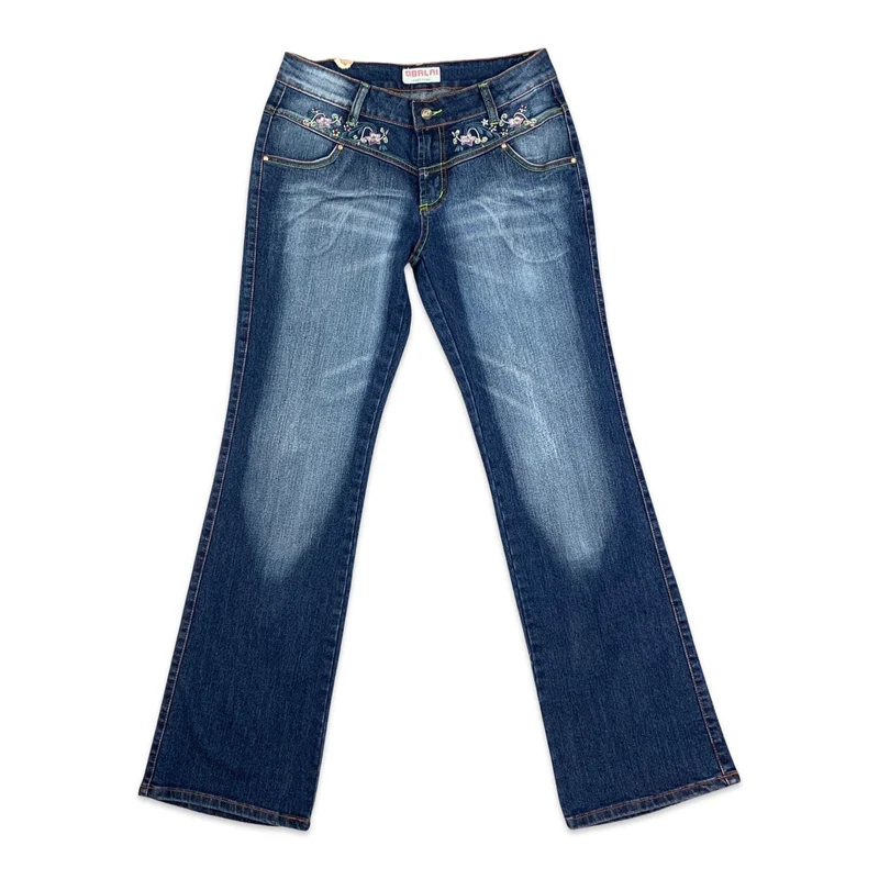 90s Y2K Dark Blue Denim Bootcut Jeans Flower Embroidery 10 12