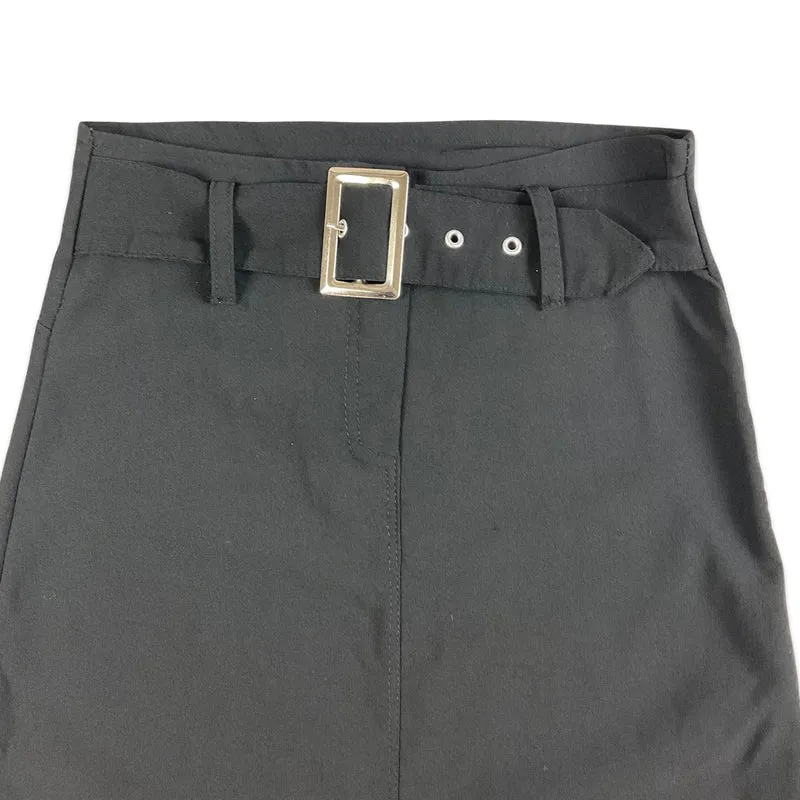 Vintage 90s Black Aline Midi Skirt with Silver Buckle Belt 6 8