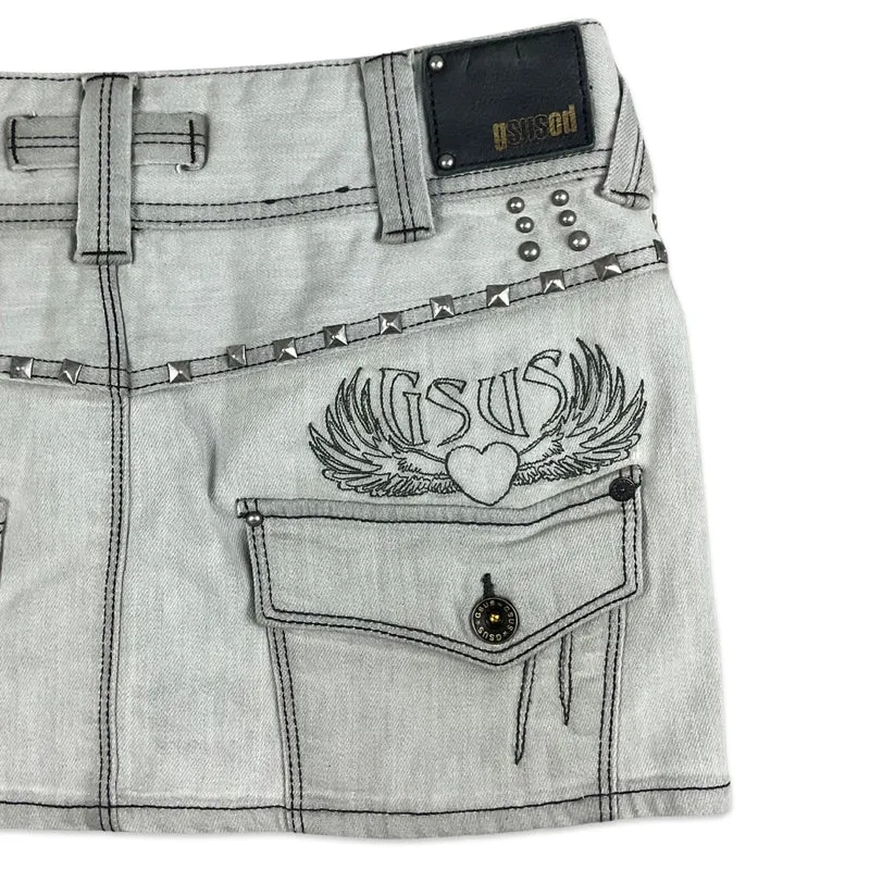 Vintage Y2K Light Grey Denim Micro Mini Skirt 12 14