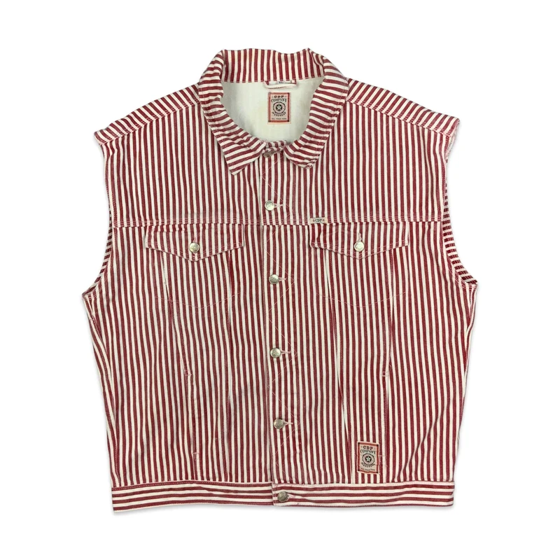 Vintage Red White Hickory Stripe Denim Gilet Jacket L XL