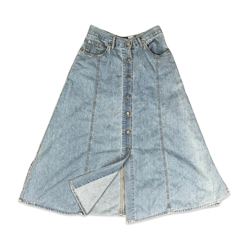 Vintage Blue Denim Button-up Midi Skirt 8