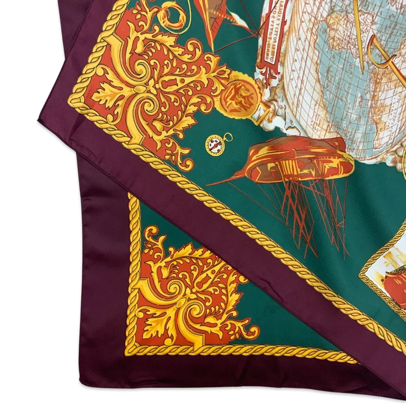 Vintage Green Burgundy Gold Novelty Ship Print Large Scarf