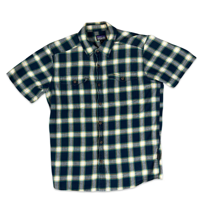 Patagonia Navy Yellow White Green Check Plaid Casual Short Sleeve Shirt Small
