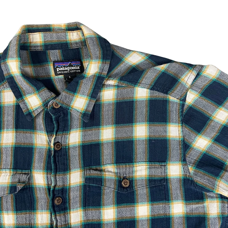 Patagonia Navy Yellow White Green Check Plaid Casual Short Sleeve Shirt Small