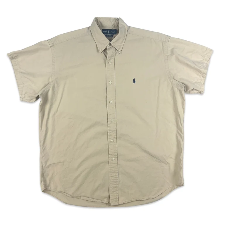 Vintage 2000s Ralph Lauren Beige Button-Up Short Sleeve Casual Shirt XXL