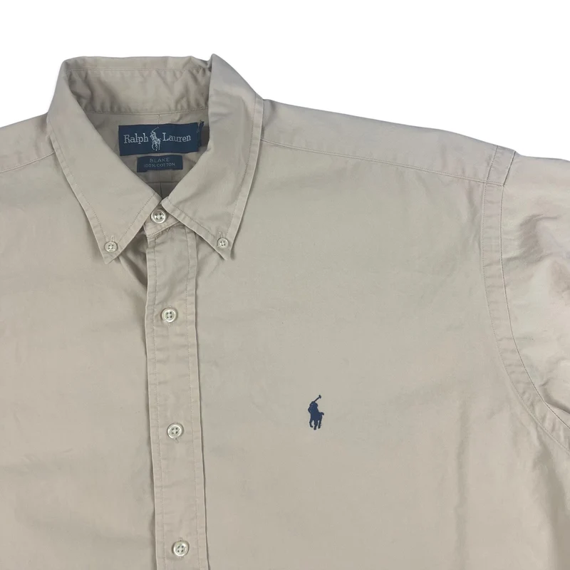 Vintage 2000s Ralph Lauren Beige Button-Up Short Sleeve Casual Shirt XXL