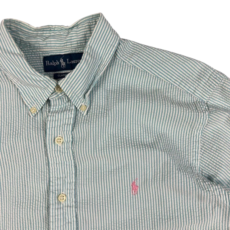Vintage 2000s Ralph Lauren Blue White Pin Striped Button-Up Casual Shirt XL