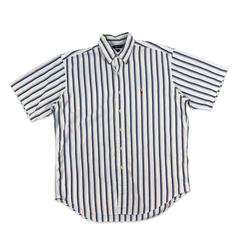 Vintage Ralph Lauren White Red Blue Striped Short Sleeve Casual Shirt XL