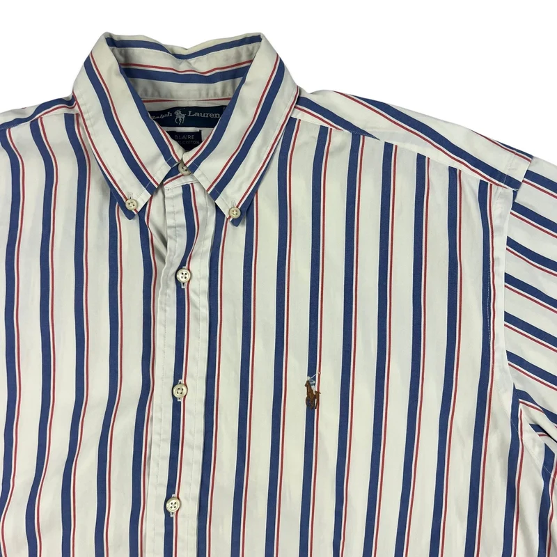 Vintage Ralph Lauren White Red Blue Striped Short Sleeve Casual Shirt XL
