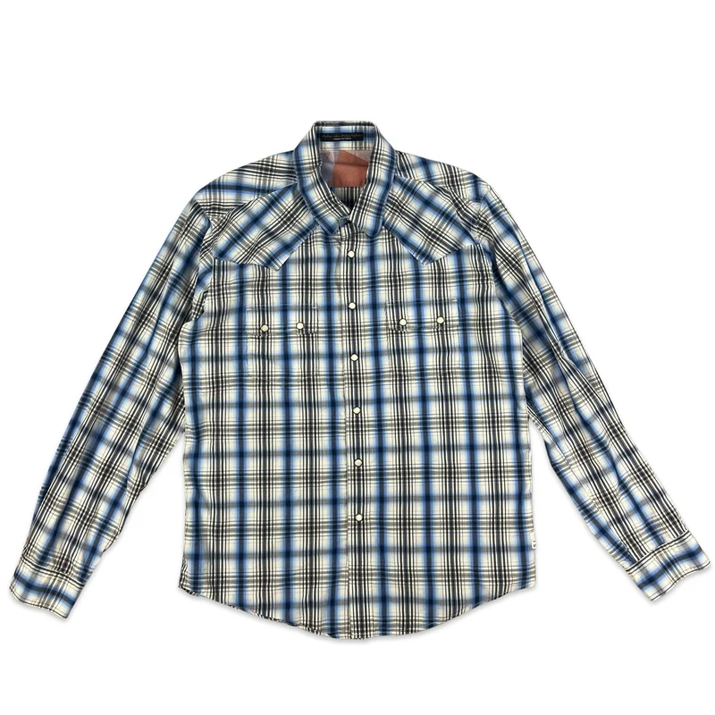 Vintage Barbour Plaid Checked White Blue Black Long Sleeve Button Up Shirt Large