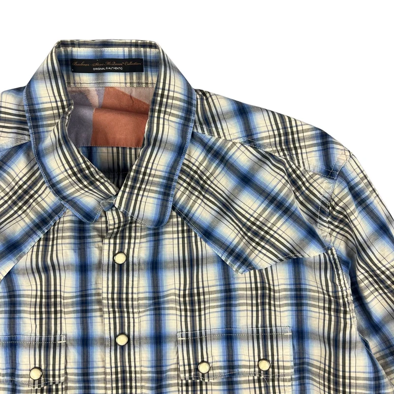 Vintage Barbour Plaid Checked White Blue Black Long Sleeve Button Up Shirt Large