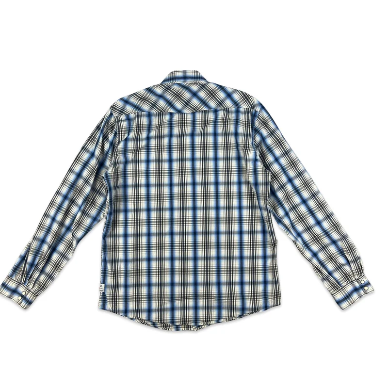 Vintage Barbour Plaid Checked White Blue Black Long Sleeve Button Up Shirt Large