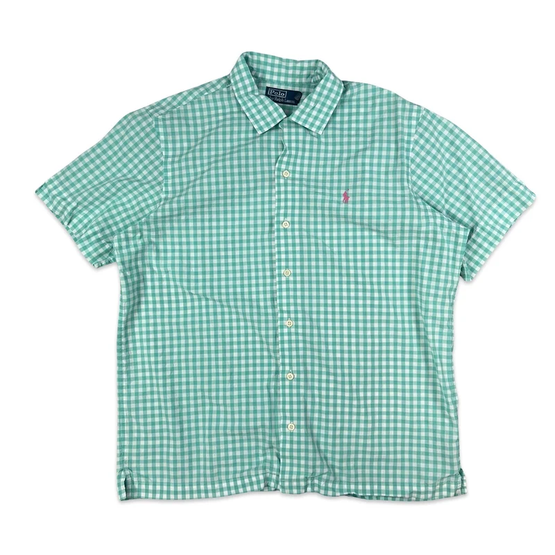 Vintage 2000s Ralph Lauren Green White Checked Gingham Short Sleeve Shirt XL