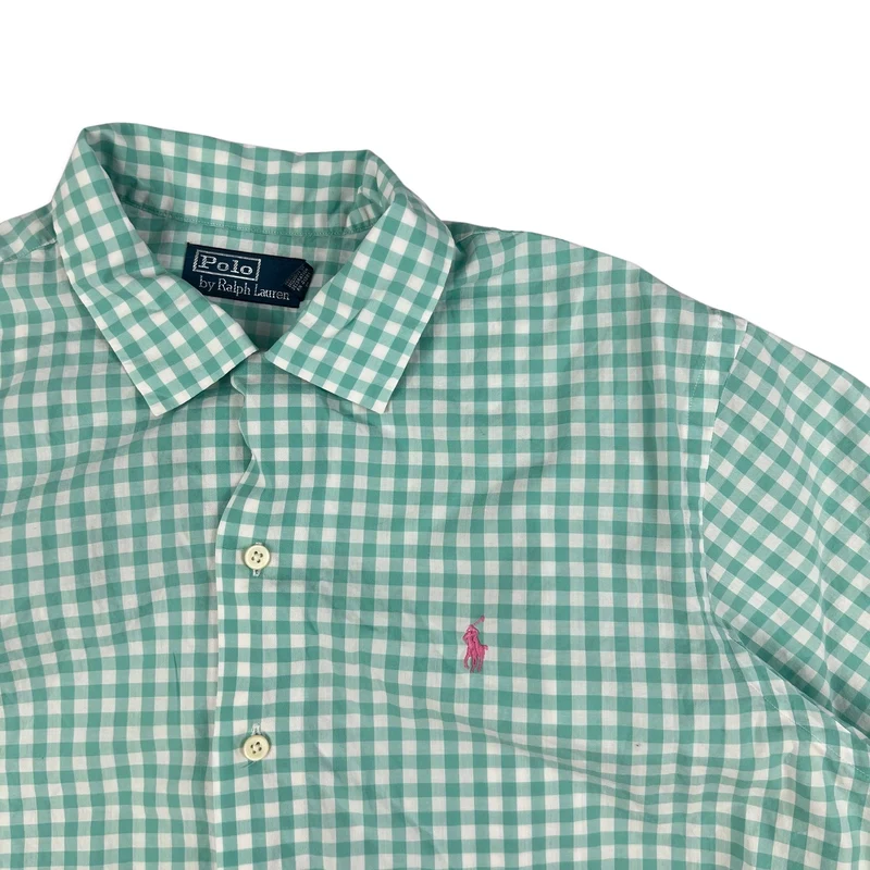 Vintage 2000s Ralph Lauren Green White Checked Gingham Short Sleeve Shirt XL