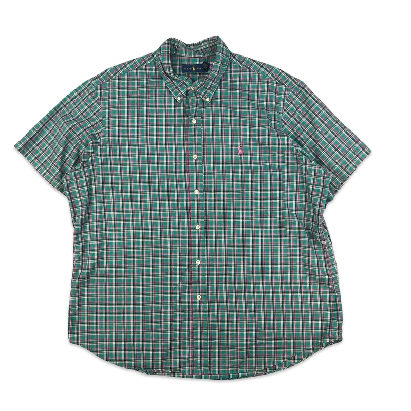 Vintage 2000s Ralph Lauren Plaid Green Pink Yellow Casual Short Sleeve Shirt XXL