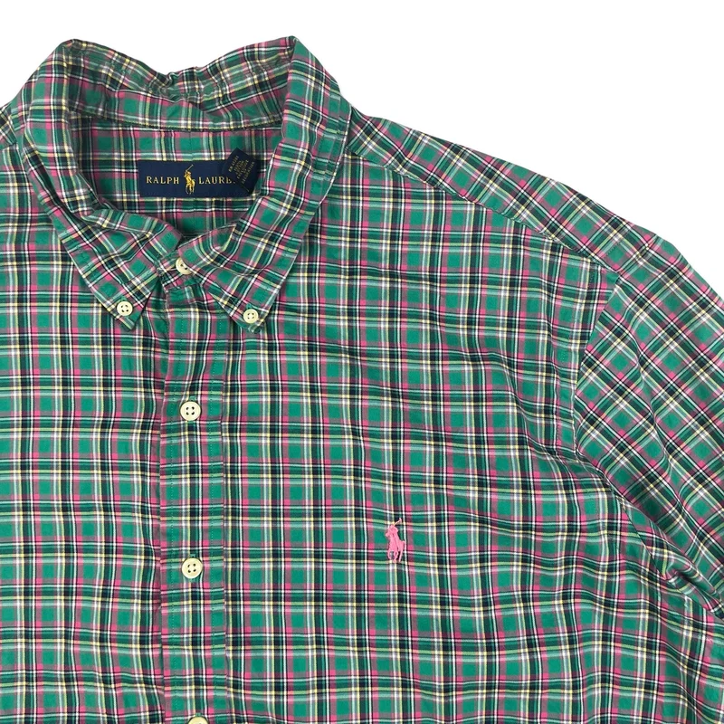 Vintage 2000s Ralph Lauren Plaid Green Pink Yellow Casual Short Sleeve Shirt XXL