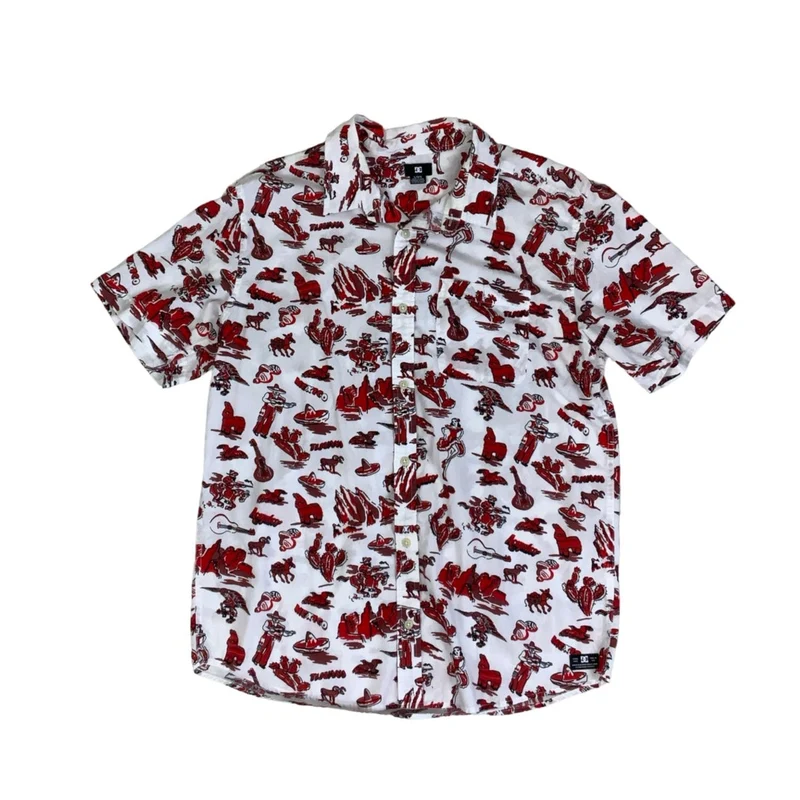 Vintage DC Shoes White Red Western Graphic Short Sleeved Skater Shirt M
