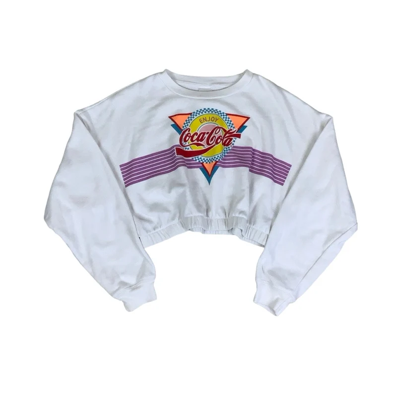 Vintage RETRO y2k 'Coca-Cola' Logo Crop White Graphic Sweatshirt S M