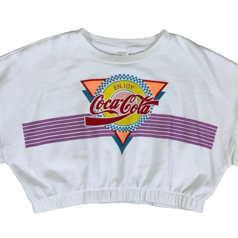 Vintage RETRO y2k 'Coca-Cola' Logo Crop White Graphic Sweatshirt S M