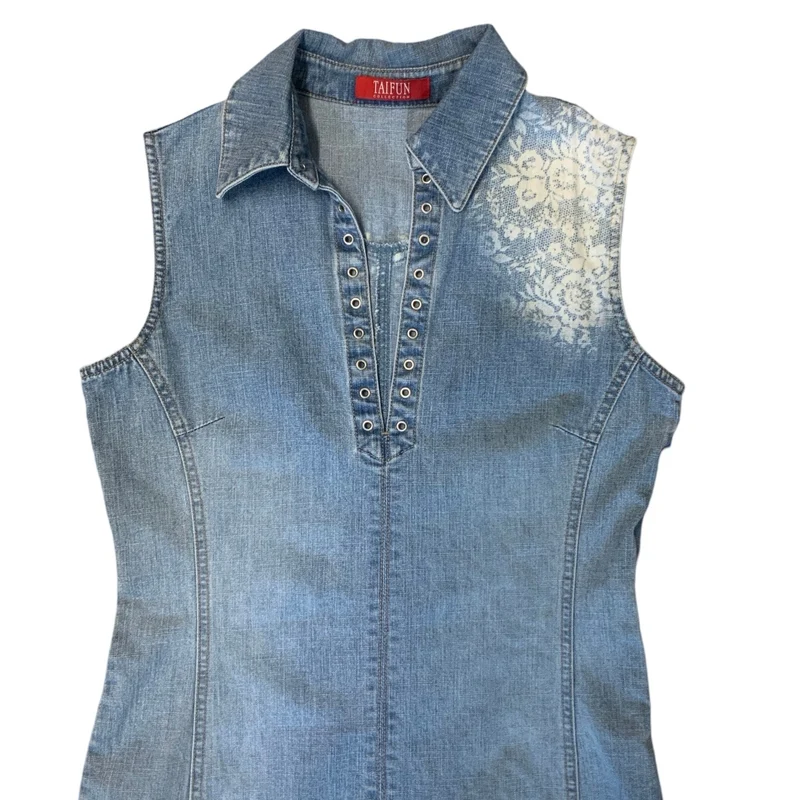 Vintage 90s 00s Y2k Light Denim Floral Midi Dress 10 12 S