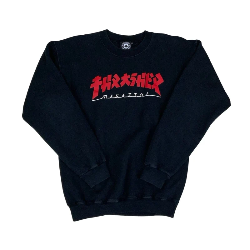 Vintage 90s 'Thrasher Magazine' Black Red Spell-Out Graphic Sweatshirt S M
