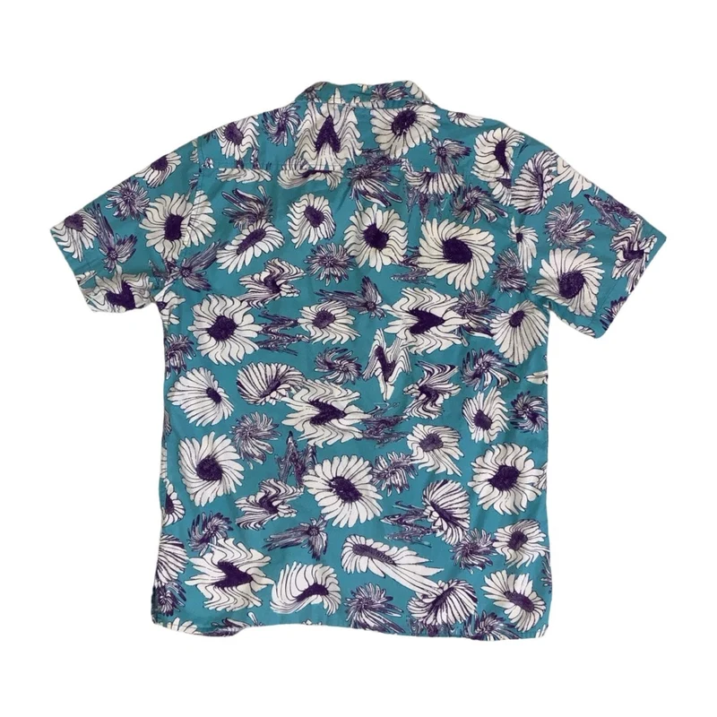 Vintage 90s 'Quicksilver' Blue Purple White Hawaiian Distorted Daisy Short Sleeved Shirt M L