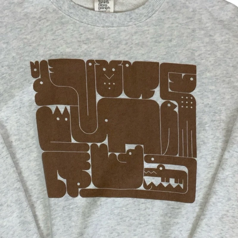 Vintage 90s 'Design T-Shirts Store Graniph' Wooden Animal Puzzle Brown Grey Graphic Sweatshirt
