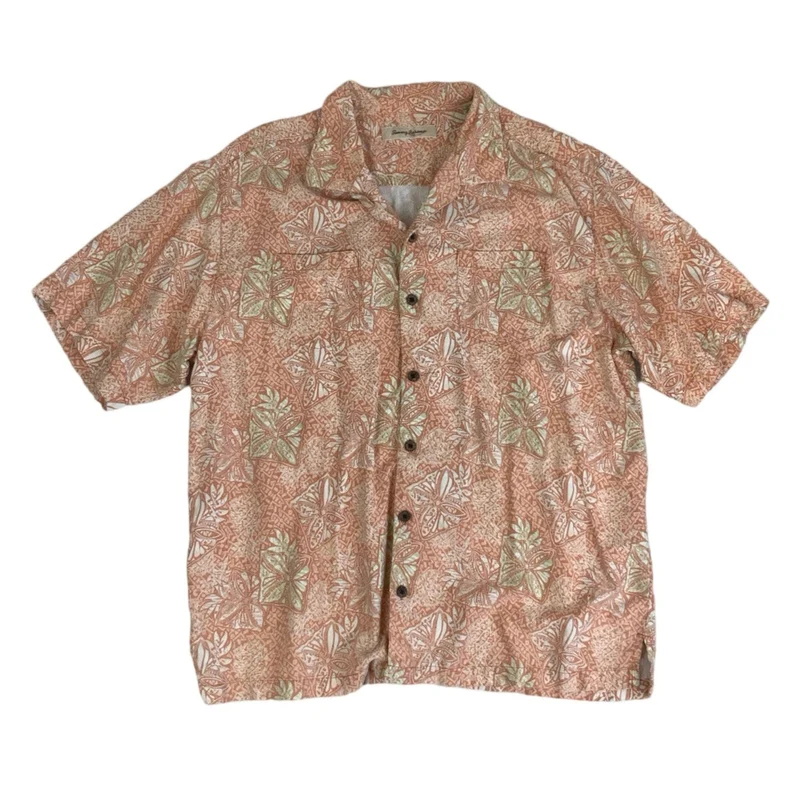Vintage 'Tommy Bahama' Peach Pink White Hawaiian Floral Short Sleeved Shirt L XL
