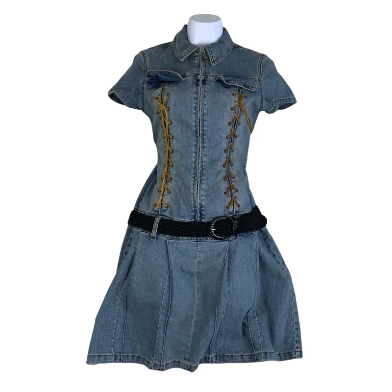 Vintage 2005 ‘Firhine Denim’ Blue Drop Waist Mini Denim Dress 10