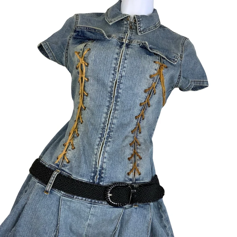 Vintage 2005 ‘Firhine Denim’ Blue Drop Waist Mini Denim Dress 10