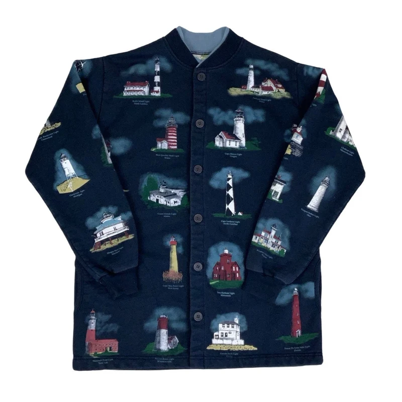 Vintage 'Art Unlimited' Lighthouses of the United States Graphic Flannel Shirt M