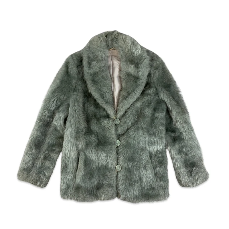 Vintage Y2K Silver Grey Faux Fur Coat 10 12 14