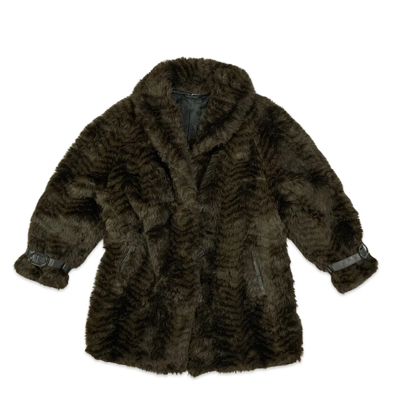 Vintage Brown Print Faux Fur Leather Coat 12 14 16