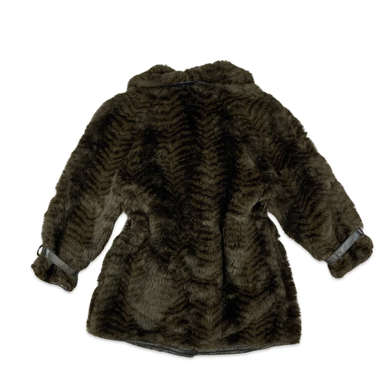 Vintage Brown Print Faux Fur Leather Coat 12 14 16