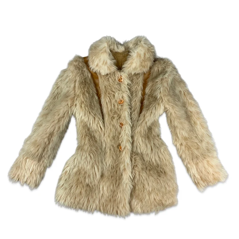 Vintage Cream Faux Fur Coat Orange Leather 6 8